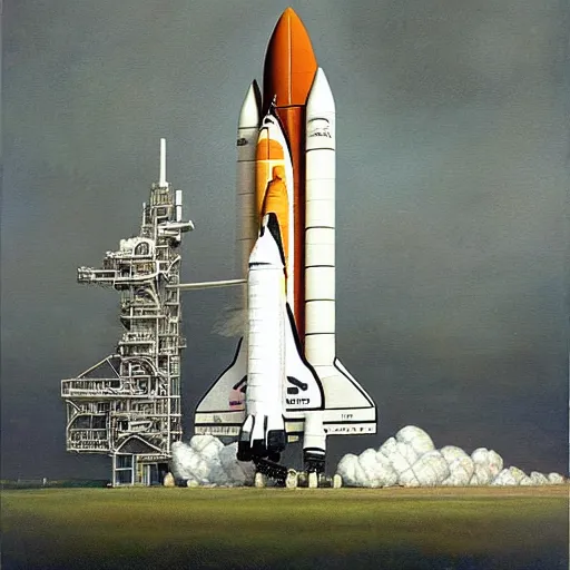 Image similar to ((((space shuttle launch))) painting by ((James Christensen))
