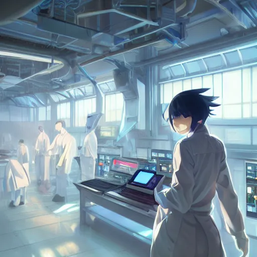 Image similar to in the hightech laboratory full of different advanced metal equipments very high details, volumetric fog, raytracing anime style girl in labcoat, fantastic details, anime art, trending on artstation, pixiv, makoto shinkai key visual kyoto animation studio ghibli tran ross and alphonse mucha and wlop concept art