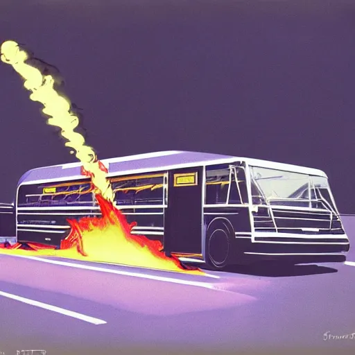 Image similar to concept art for bus with flamethrower, painted by syd mead, high quality