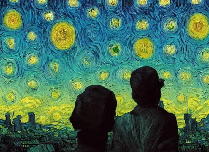 Image similar to painting of the last human on Earth standing watching an alien invasion descend above a city, in the style of Vincent Van Gogh and Edward Hopper