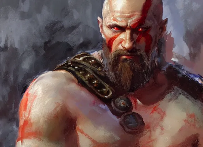 Image similar to a highly detailed beautiful portrait of vladimir putin as kratos, by gregory manchess, james gurney, james jean