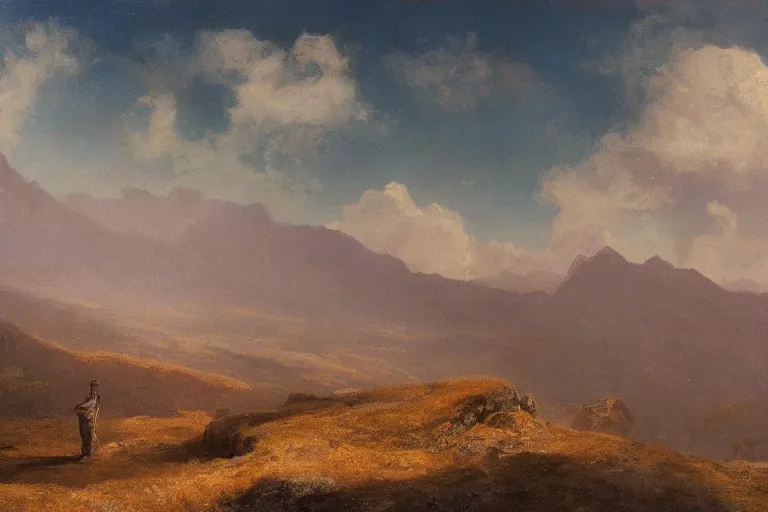 Image similar to a traveler wandering trough the mountains looking at the clouds, very detailed, focused, oil painting, cinematic lighting, albert bierstadt, trending on artstation, colorful, canvas, sunset, hans dahl, theodor kittelsen, hermann hendrich, national geographic, Konstantin Yakovlevich Kryzhitsky, beautiful nature, breathtaking, nordic