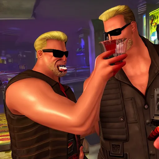 Prompt: duke nukem and serious sam drinking in bar