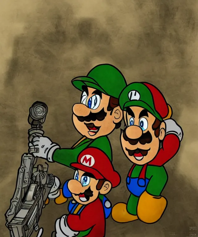 Image similar to mario and luigi in the style of fallout / metro : 2 0 3 3 / mad - max trending on artstation deviantart pinterest furaffinity hyper detailed photorealistic highlights and shadow hd 8 k post - processing high resolution