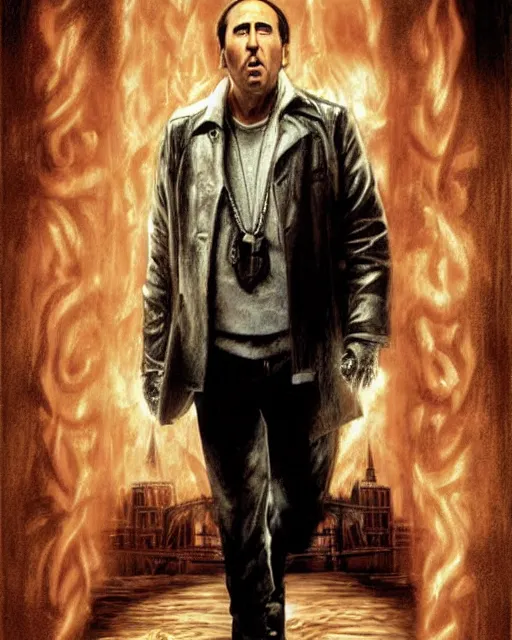 Prompt: nicolas cage in national treasure, airbrush, drew struzan illustration art, key art, movie poster