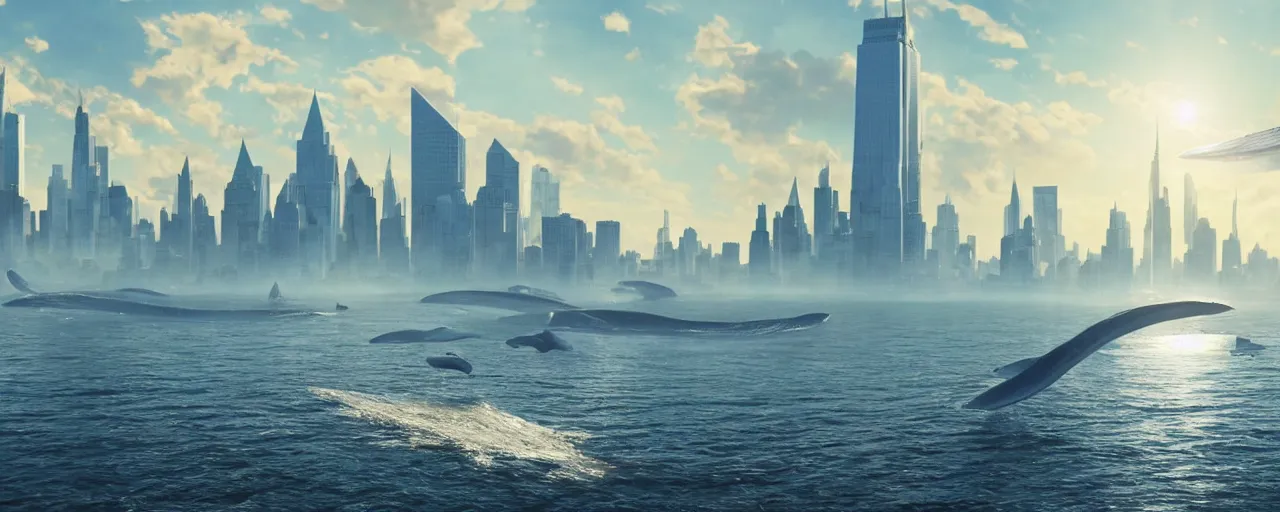 Image similar to huge blue whales sailing over the skyline over new york city, 8 k uhd, unreal engine, octane render in the artstyle of finnian macmanus, john park and greg rutkowski