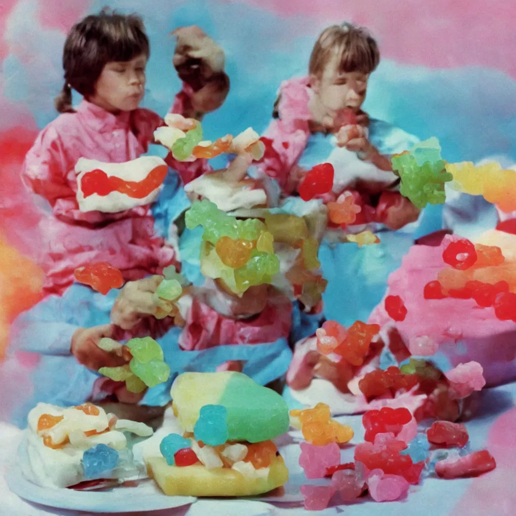 Prompt: a dreamy photo of gummy bear sandwich, 1976