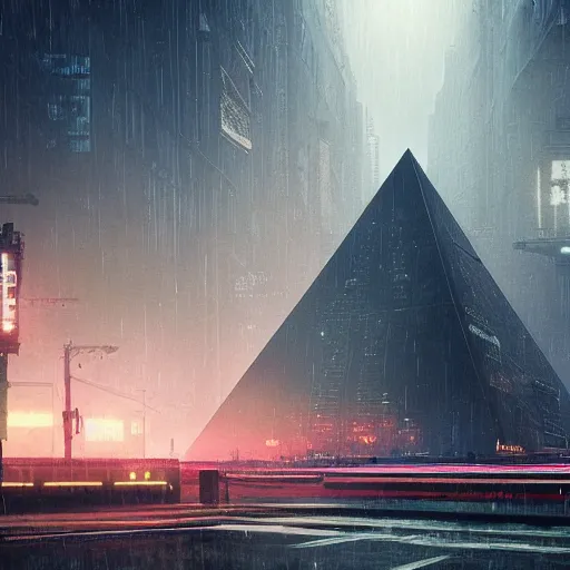 Prompt: gigantic metal pyramid in the distance, brutalist, blade runner, sci fi, stunning detail, cityscape, cyberpunk, wet street, 8k, cinematic lighting, ultra realistic, colorful, neon, octane rendered, chrome, high contrast,