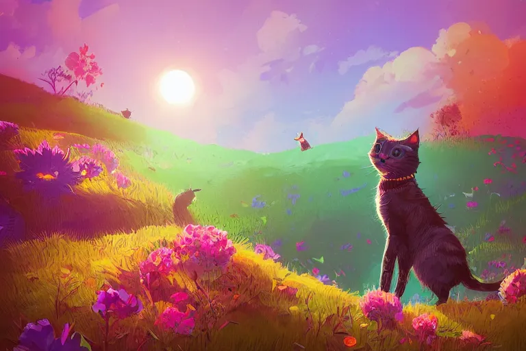 Image similar to a digital art of a cat standing on the top of the hill with flowers around in the afternoon, sunshine, cute, illustration, animal, light effect, highly detailed, by anton fadeev