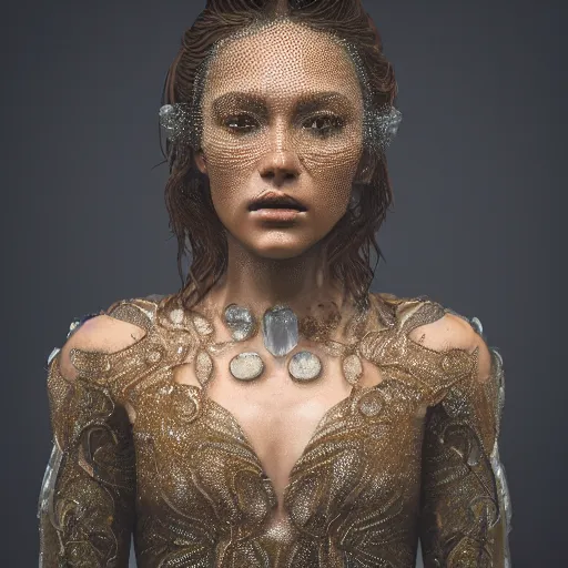 Prompt: full shot of a regal brown woman wearing an intricate and detailed armor made of dew drops. multiple layers. reflections. morning dew. textures. delicate. translucent. studio portrait. photorealistic. octane render