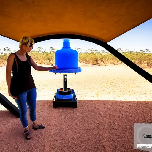 Image similar to robotic 3d printer printing a domed house frame in the australian desert, supervised by a group of three women, XF IQ4, 150MP, 50mm, F1.4, ISO 200, 1/160s, dawn