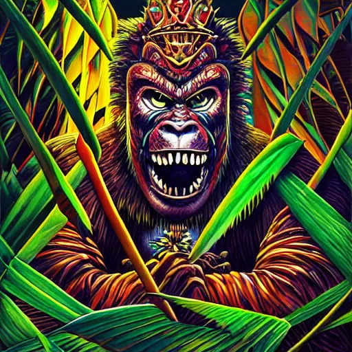 Image similar to barong family member, wiwek, mara demon, abstract, surreal, miami palm tree leaves, wild cat eyes, one single tribe member, jungle, one single mask, dark, ancient warrior, gorilla, king kong, scale skin, tribal, inner glow, art by dan mumford and justin gerard