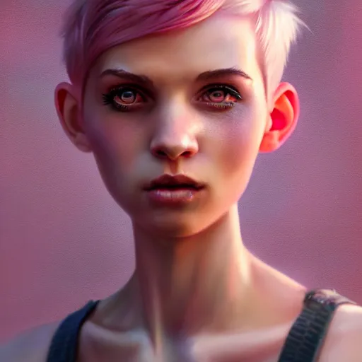 Image similar to full body pose, pixar, beautiful androgynous girl, pink pixie cut hair, torn overalls, short shorts, combat boots, fishnets, beautiful, highly detailed face, true anatomy!, extremely detailed!, digital painting, unreal engine 5, art by tom bagshaw