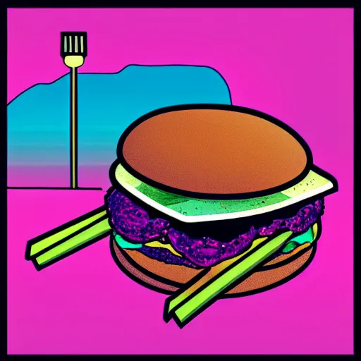 Image similar to synthwave hamburger with a sesame seed bun.