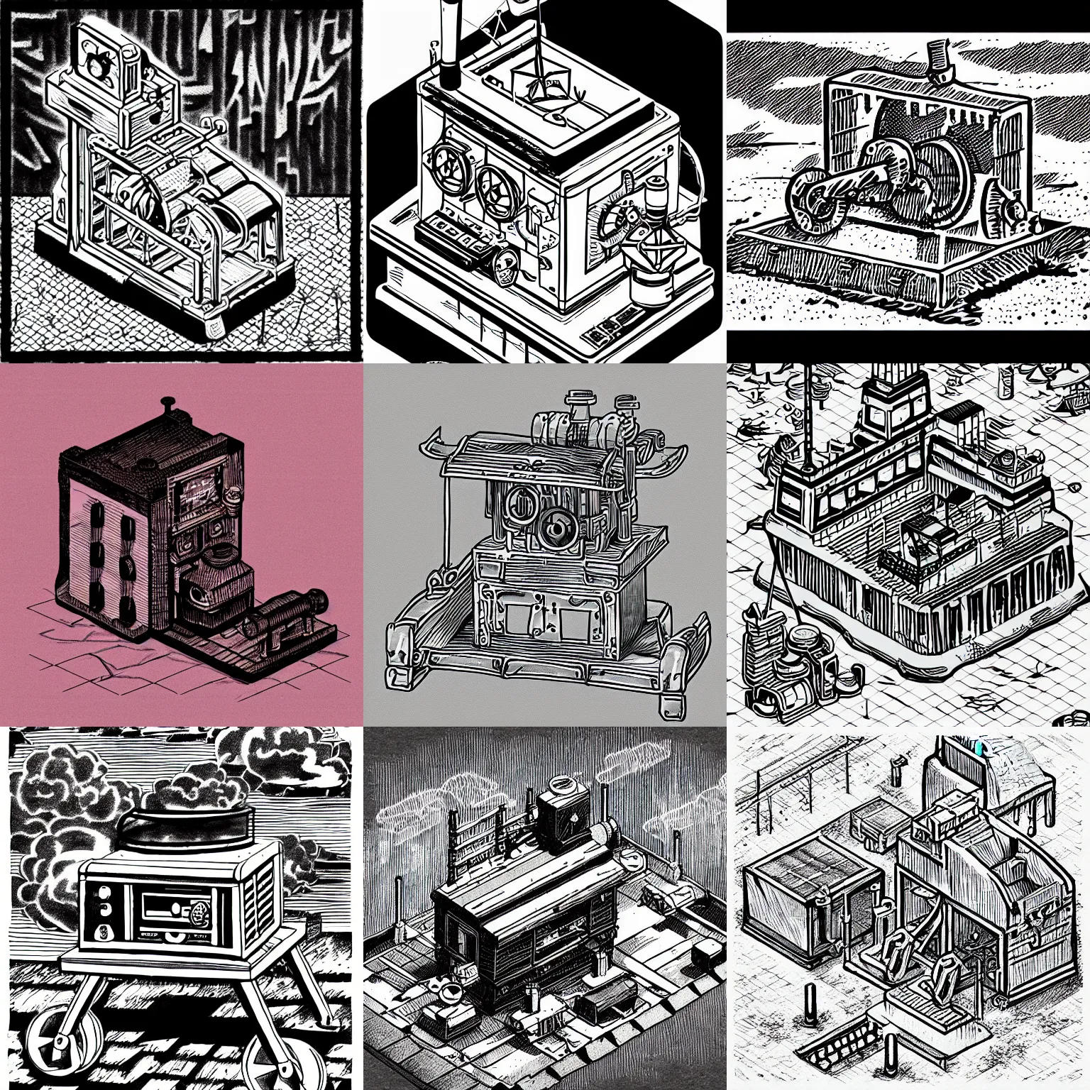 Prompt: infrared ink drawing of an isometric islandpunk machine