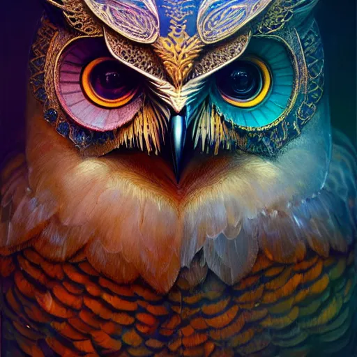 Image similar to a ultradetailed beautiful concept art of a an intricate wooden mask of an owl painted with beautiful colors, but the mask hide some dark secret, photorealism, sharp details, volumetric light, high resolution 4 k, by tom bagshaw, greg rutkowski, charli bowater and artgeem