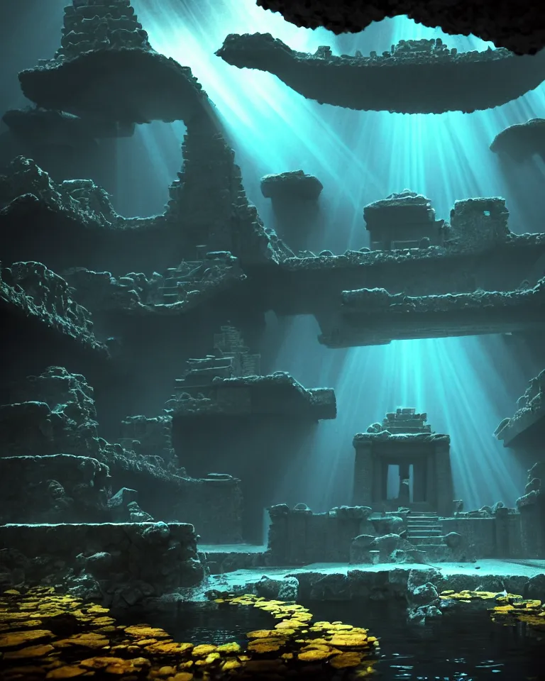 Image similar to full color, wide shot of submerged pre - incan temple, dark, underwater, symmetrical, crepuscular rays, bubbles, abyss, grenada underwater statue park, anime style mixed with fujifilm, very dark, murky, foggy, atmospheric, artstation, cgsociety, octane render, cgi, unreal engine 5, denoise, detailed, cinematic masterpiece