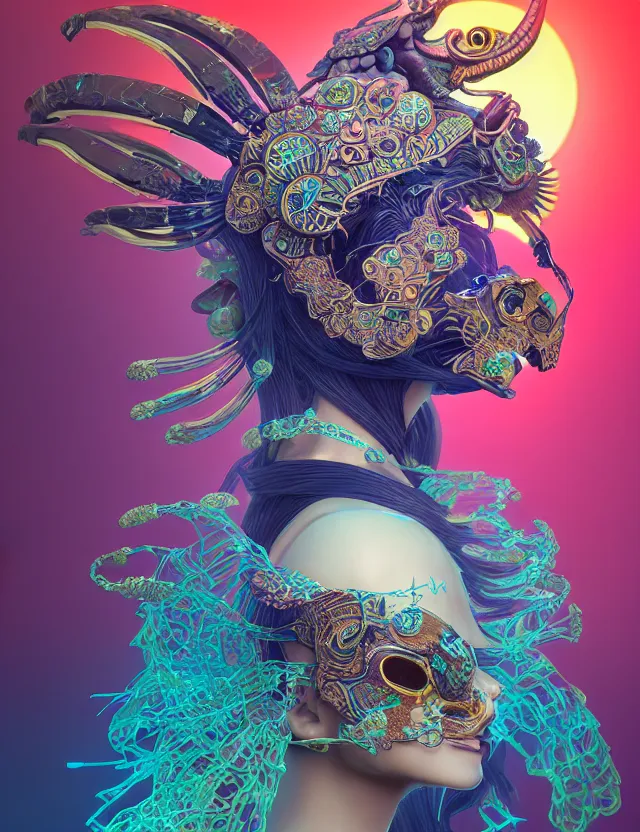 Image similar to 3 d goddess close - up profile solarpunk portrait ram skull. beautiful intricately detailed japanese crow kitsune mask and clasical japanese kimono. betta fish, jellyfish phoenix, bio luminescent, plasma, ice, water, wind, creature, artwork by tooth wu and wlop and beeple and greg rutkowski