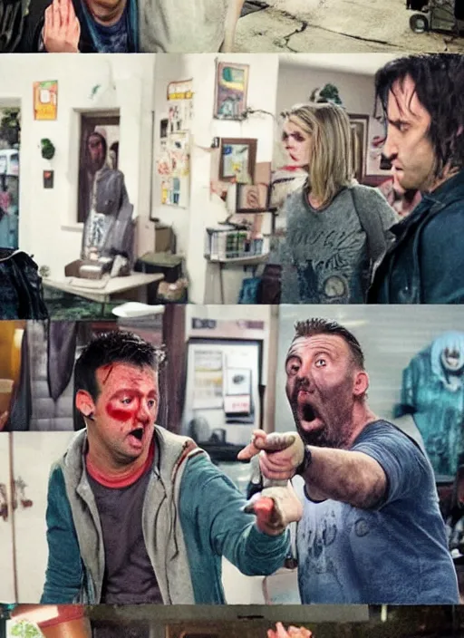 Image similar to a scene from friends where joey and chandler become zombies, face enhance, realistic, shaun of the dead, izombie, ultra detailed, octane render, lovecraftian, horror, dead space, the walking dead, unreal engine 5