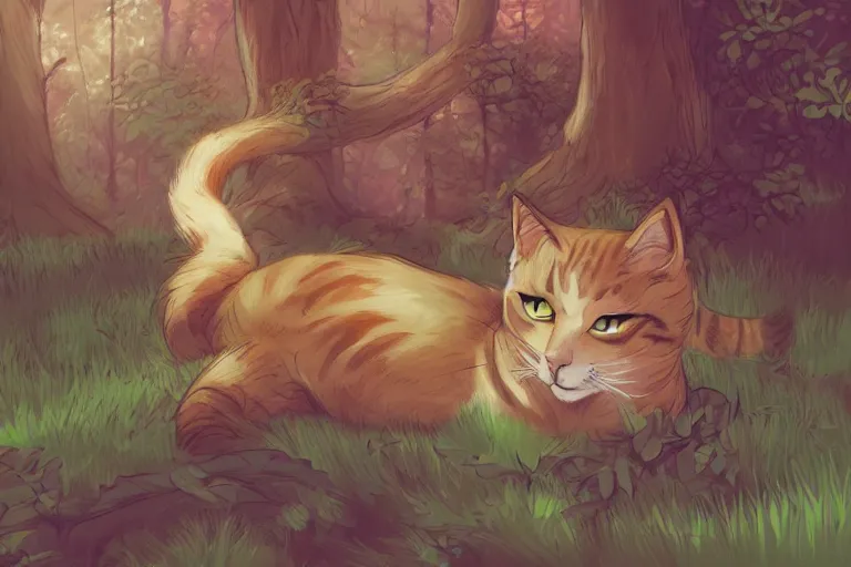 Image similar to cat in the forest, frontlighting, digital art, trending on artstation, fanart, by kawacy