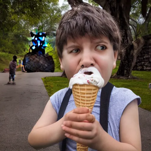 Prompt: a very upset and crying kid holding an ice cream cone but the ice cream is replaced with a moai statue, 4 k photograph