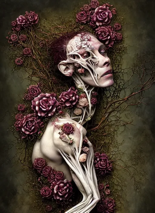 Prompt: beautiful and detailed rotten woman corpse with fractal plants and fractal flowers growing around, muscles, veins, arteries, intricate, organs, ornate, surreal, ray caesar, john constable, guy denning, dan hillier