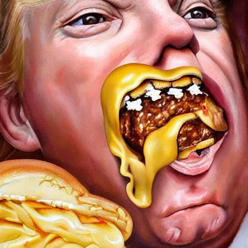 Image similar to realistic painting by jenny saville of!! donald trump!! licking a! cheeseburger!, art by jenny saville and tom bagshaw, detailed, sharp, smooth,! hamburger!