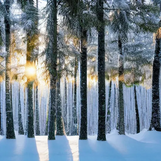 Image similar to a forest of spruce trees, dusted in snow, at early dawn, nature, high quality, dreamlike