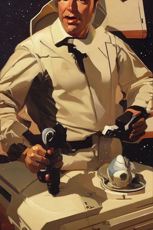 Prompt: rich evans space cop painting by jc leyendecker!! phil hale!, angular, brush strokes, painterly, vintage, crisp