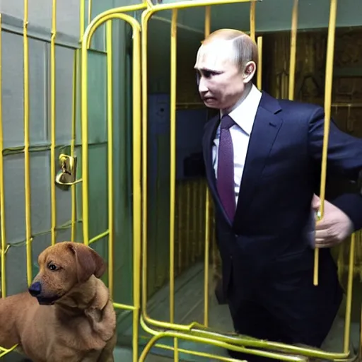 Prompt: Putin stay like dog in cage and Zelenskiy feed him