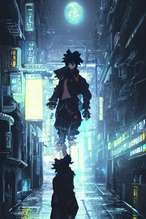 Image similar to a cyberpunk samurai in a raining cobblestone alleyway in tokyo, neon lights, full moon, fog cinematic greg rutkowski anime art jojo's bizarre adventure cowboy bebop