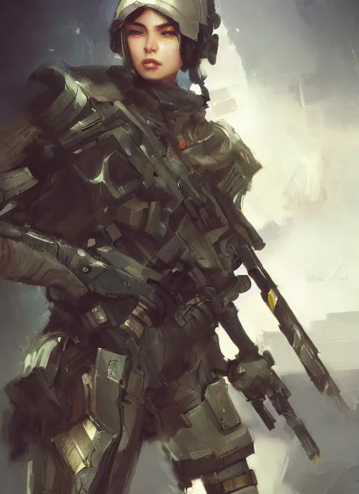 Image similar to of a beautiful sniper girl in war, with futuristic gear and helmet, portrait by ruan jia and ross tran, detailed, epic video game art, warm color tone