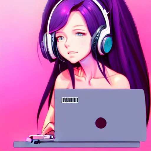 Prompt: beautiful girl with pink hair, working on her laptop, with headset on, night time, sharp focus, intricate, digital painting, artstation, official media, anime key visual, highly detailed, rich vivid colors ambient lighting, illustration, art by Artgerm, Makoto Shinkai, Ilya Kuvshinov, Lois Van Baarle and Rossdraws