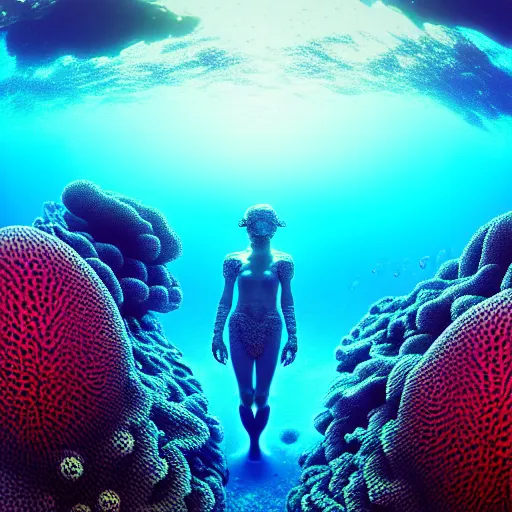 Prompt: psychedelic organic cyborg submerged in ocean coral reef, realism, extreme detail, real life, key art, soft light, volumetric light, photo by albert aublet