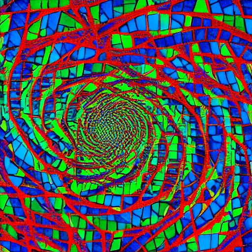 Image similar to An interlocking series of rectangular nodes driven by vortices singling out a chaotic colorful mosaic premised upon the suffering of all man