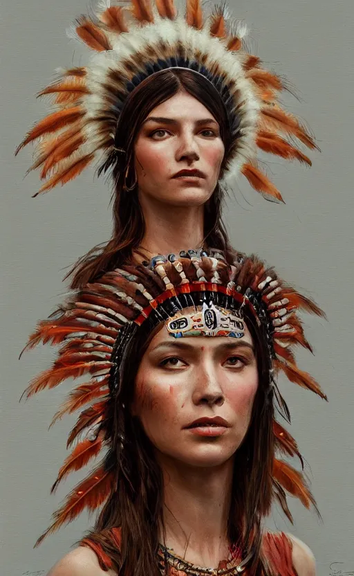 Image similar to gorgeous redskin woman wearing headdress, intricate, elegant, highly detailed, artstation, concept art, smooth, sharp focus, illustration, art by stefan kostic and greg rutkowski