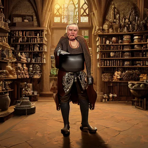 Prompt: full body portrait of Dennis hopper as a devious medieval lord standing on the right inside a big medieval Shop with tall windowpane, shelves full of medieval goods, morning light, dramatic lighting, high contrast, trending on artstation, style of midjourney, unreal engine, octane render, intricate details, 8k high definition, beauriful, ornate, hyperrealistic