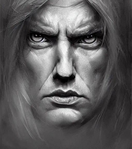 Image similar to trump, beautiful piercing eyes, realistic face, black and white drawing, in the style of greg rutkowski, fantasy, amazing detail, epic, intricate, elegant, smooth, sharp focus