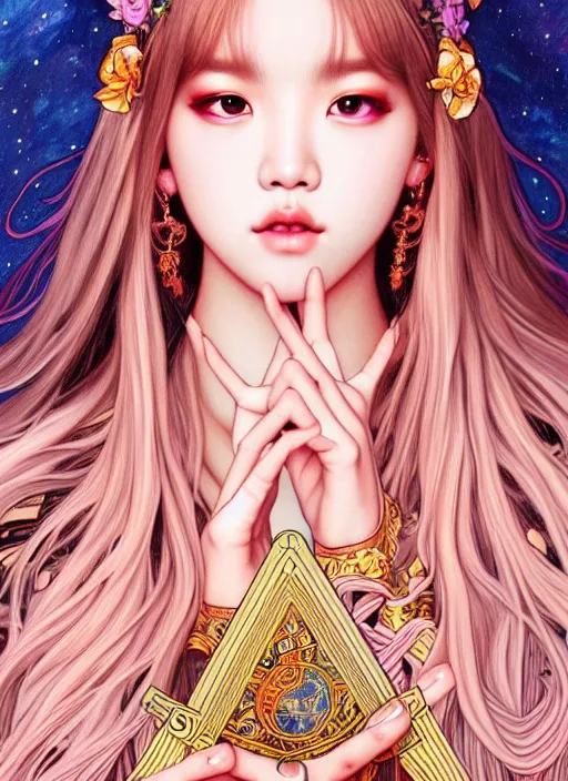 Image similar to lalisa manoban of blackpink, goddess of the moon, tarot card, highly detailed, digital painting, smooth, sharp focus, illustration, ultra realistic, 8 k, art by artgerm and alphonse mucha