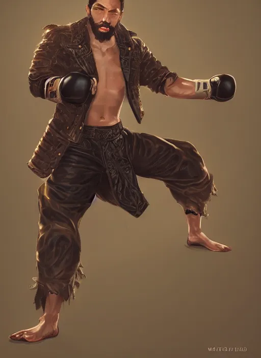 Image similar to a highly detailed illustration of bearded asian man wearing leather jacket with bandaged right hand, focused boxing philly shell stance pose, hands shielding face, intricate, elegant, highly detailed, centered, digital painting, artstation, concept art, smooth, sharp focus, league of legends concept art, WLOP