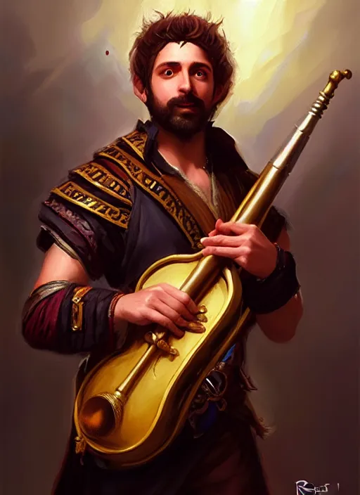 Image similar to a _ fantasy _ style _ portrait _ painting _ of pasific male charismatic bard playing instrument, rpg dnd oil _ painting _ unreal _ 5 _ daz. _ rpg _ portrait _ extremely _ detailed _ artgerm _ greg _ rutkowski _ greg