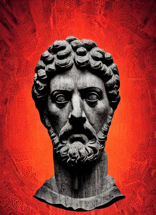 Image similar to design poster showing a statue of marcus aurelius, black background with very subtle red and purple design elements, powerful, nekro, graphic design, collage art, thin lines, dark, glitch art, neo vaporwave, gritty, layout frame, square, trending on artstation