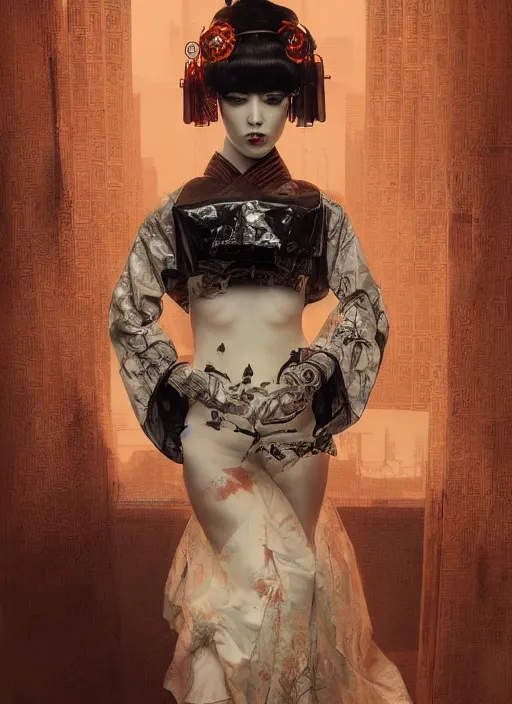 Prompt: portrait of a seductive cyberpunk latex geisha, modern fine art, fractal, in the style of ghosts in the machine, intricate ornaments, elegant, highly detailed, digital photography, subsurface scattering, by greg rutkowski,