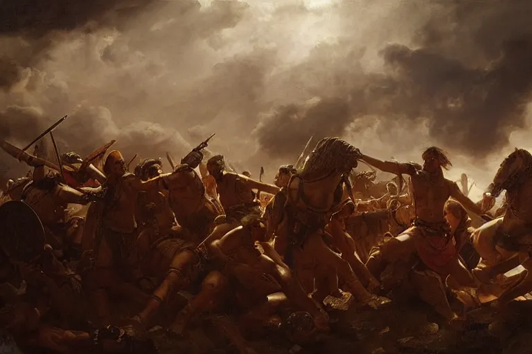 Image similar to Movie scenes of Roman soldiers in battle with Britannia, in the style of Greg Rutkowski and Michelangelo and Eugène Delacroix, extremely moody lighting, glowing light and shadow, atmospheric, shadowy, cinematic