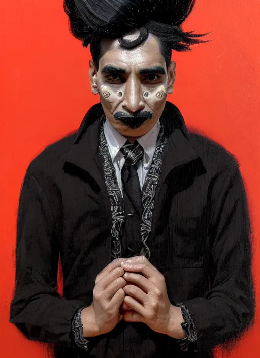 Image similar to portrait of a peruvian man with a crooked nose and a confident expression, 1 9 6 0 s, black clothes, goth, punk, brightly coloured hair, funk, intricate, elegant, highly detailed, digital painting, artstation, concept art, smooth, sharp focus, illustration, art by wlop, mars ravelo and greg rutkowski