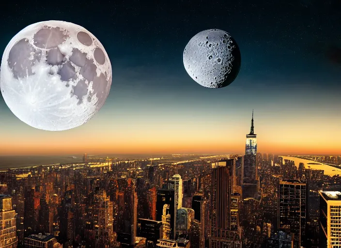 Prompt: film still of the moon breaking into pieces over manhatten in the new disaster movie, 8 k, night time