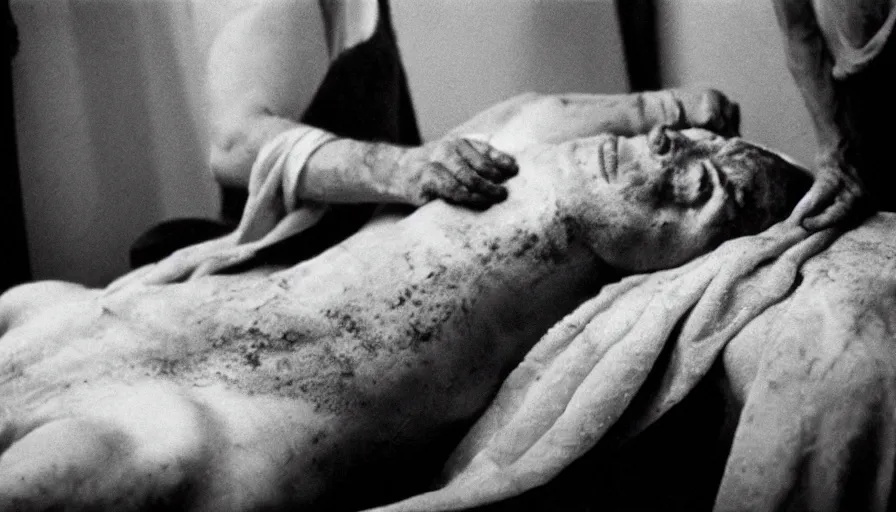 Prompt: movie still of jean - paul marat a wound at the chest, in the bath, cinestill 8 0 0 t 3 5 mm b & w, high quality, heavy grain, high detail, cinematic composition, dramatic light, anamorphic, ultra wide lens, hyperrealistic, by josef sudek