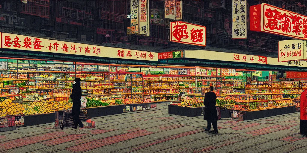 Image similar to a supermarket in hong kong, by dan mumford and peter doig and edward hopper, minimal, black in, thick lines highly detailed, muted colours, overlaid with chinese adverts, 8 k