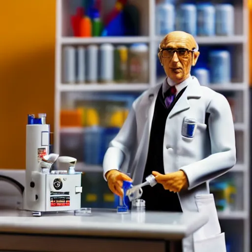 Image similar to albert hofmann wearing a lab coat in his laboratory, stop motion vinyl action figure, plastic, toy, butcher billy style