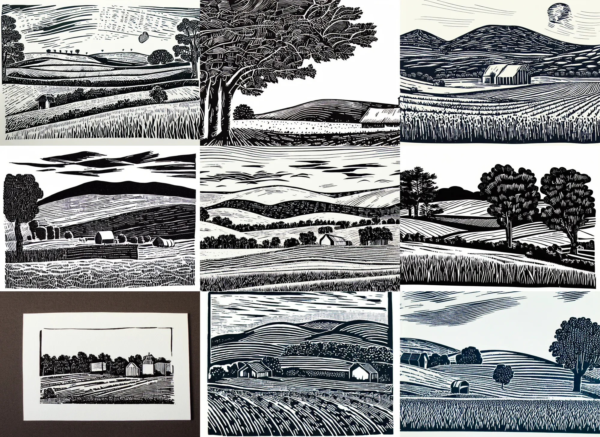 Prompt: a beautiful linocut print on paper of Rural landscape with a farm on white background